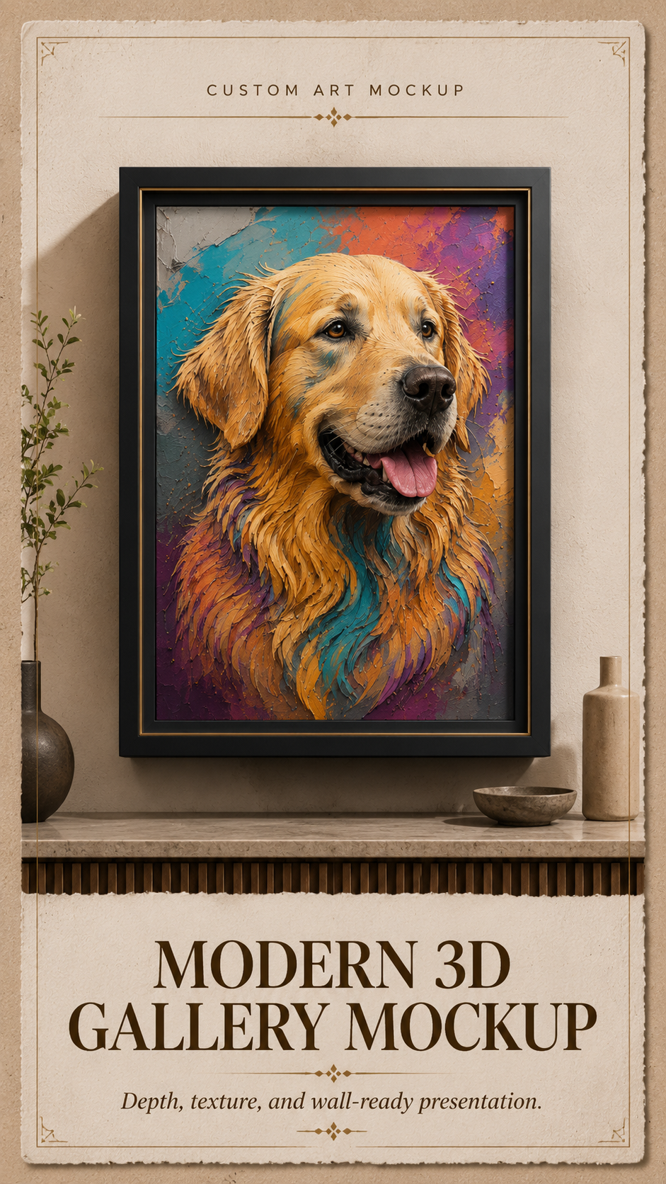 Framed oil-style golden retriever canvas wall art