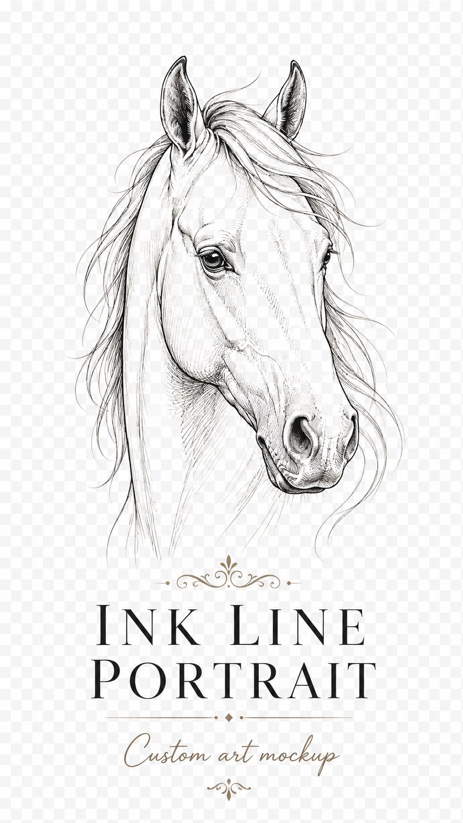 Ink line portrait of a white horse