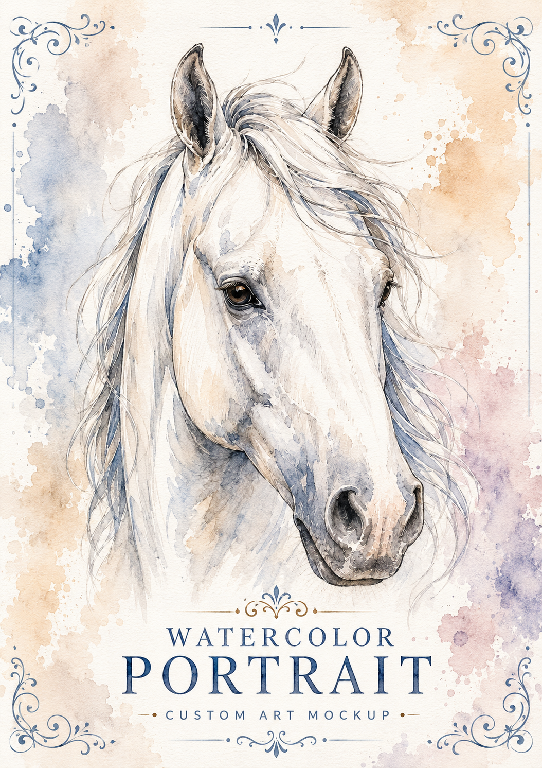 Watercolor portrait of a white horse