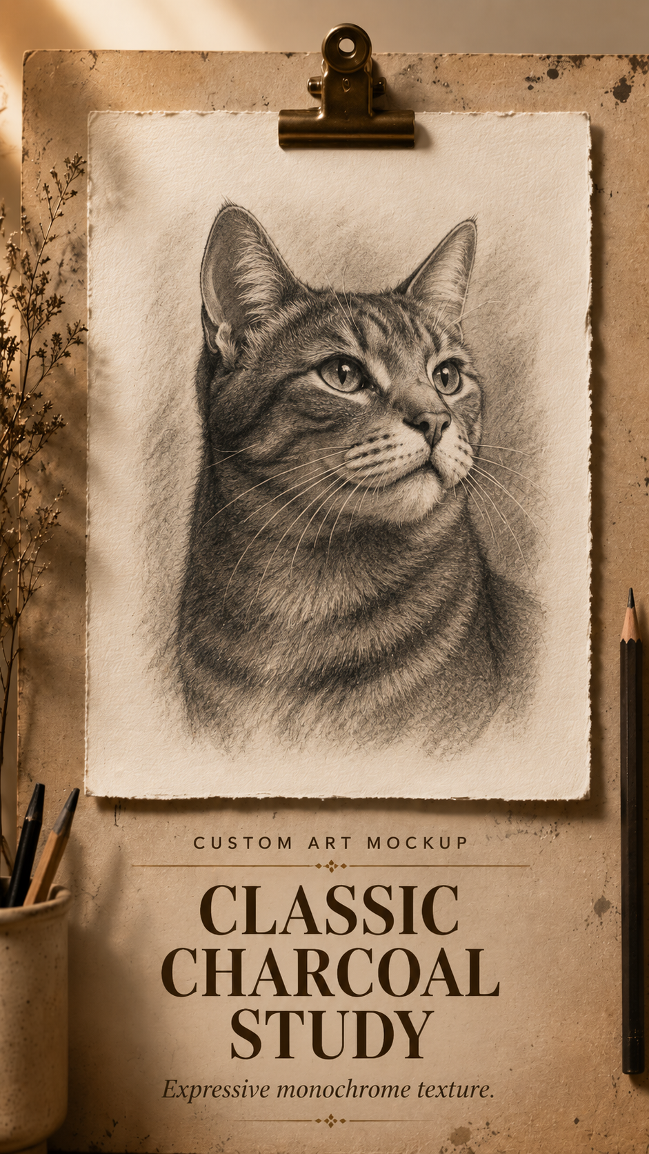 Classic charcoal cat study on paper