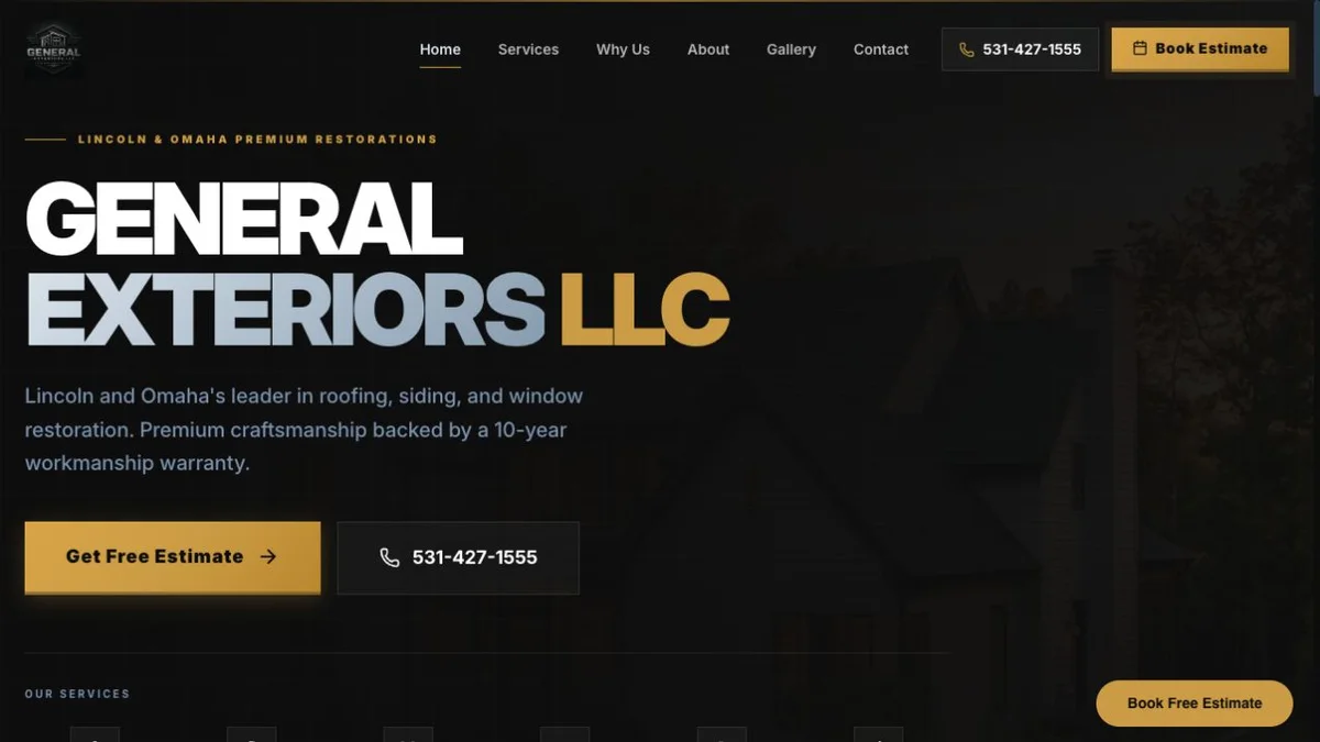 General Exteriors website with bold typography and a gold estimate button