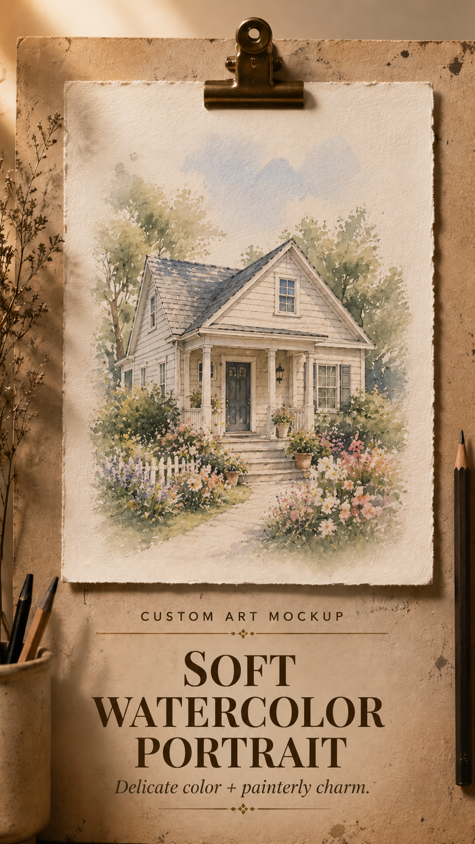 Soft watercolor cottage with garden